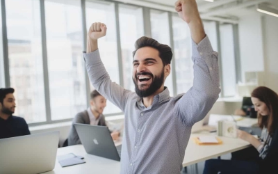Entrepreneur happy to attract his first customers